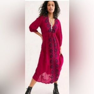 Free People Magenta Combo Embroidered V-Neck 3/4 Sleeve Maxi Dress Medium M